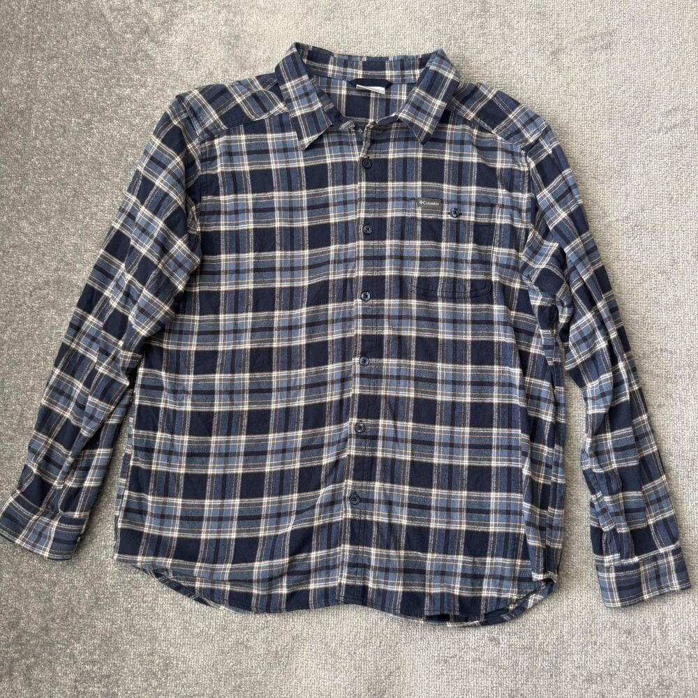 Columbia Shirt Mens XL Blue Brown Plaid Long Sleeve Button Down Outdoors Casual